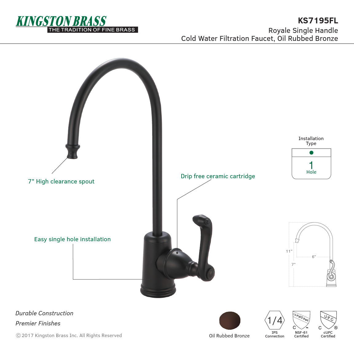 Kingston Tulare KS7195FL - Royale Single-Handle 1-Hole Deck Mount Water Filtration Faucet, Oil Rubbed Bronze — thumbnail 2